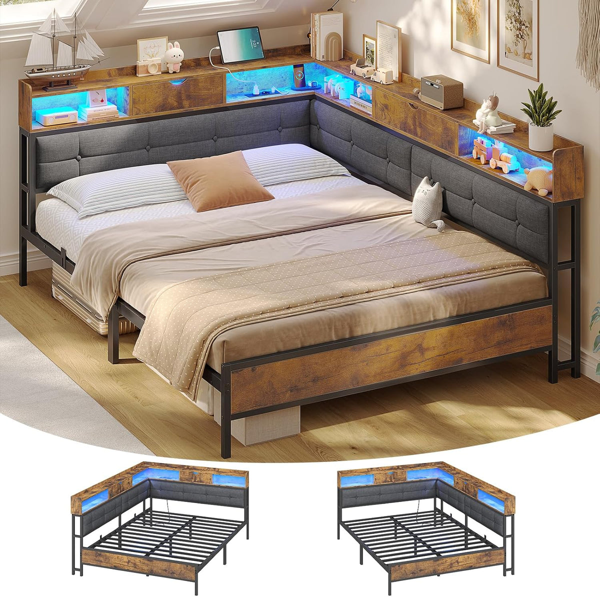 Bettgestell, Polsterbett Schlafsofa 140x200 mit 6 Staufächern, AOGLLATI