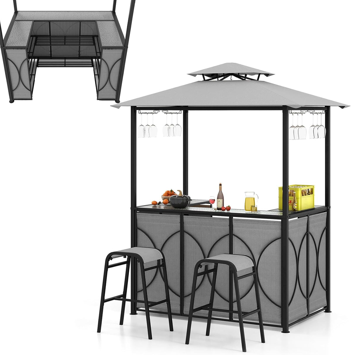 HOMASIS Gartenlauben, Grillpavillon mit Barbank und 2 Hockern, strapazierfähiger Außenpavillon mit Doppeldach, 194 x 121 x 242 cm (Grau)