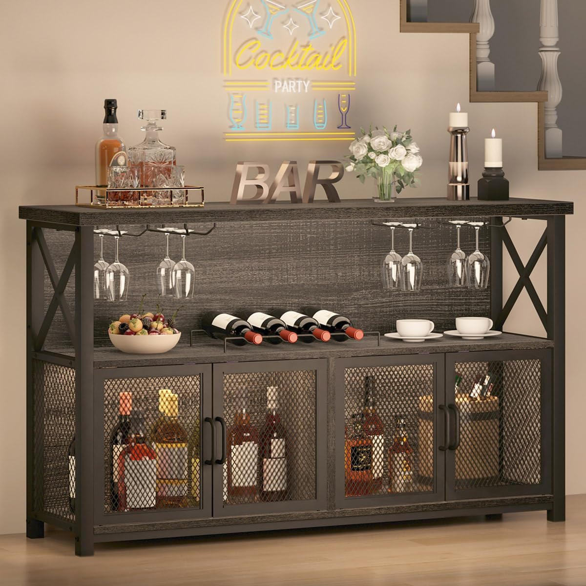 Sideboard Weinbarschrank industrieller Kaffeebarschrank für Likör und Gläser modernes, mit Aufbewahrungsregal, rustikale Likör-Hausbar für Küche