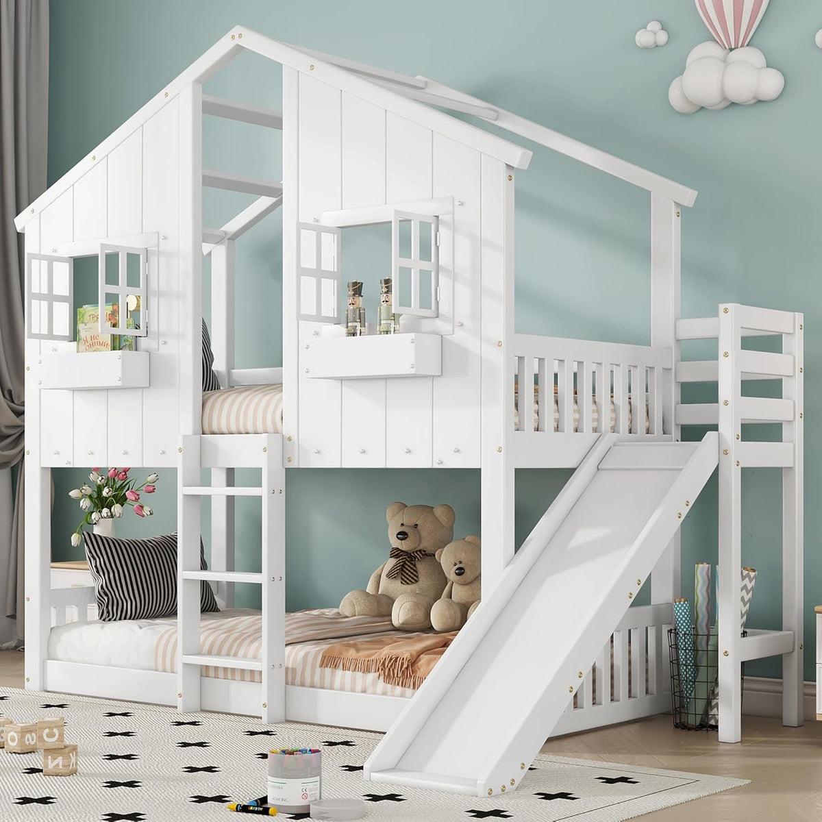 Kinderbett, Etagenbett 90 × 200, Hochbett Hausbett mit Rutsche&Leiter&Fenstern&Dach&Aufbewahrungsbox