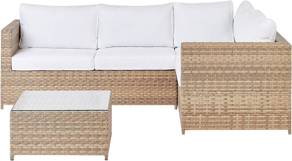 Sofa 4-Sitzer Lounge Set Rattan Hellbraun Eck, mit Tisch Auflagen cremeweiß Avola, Beliani