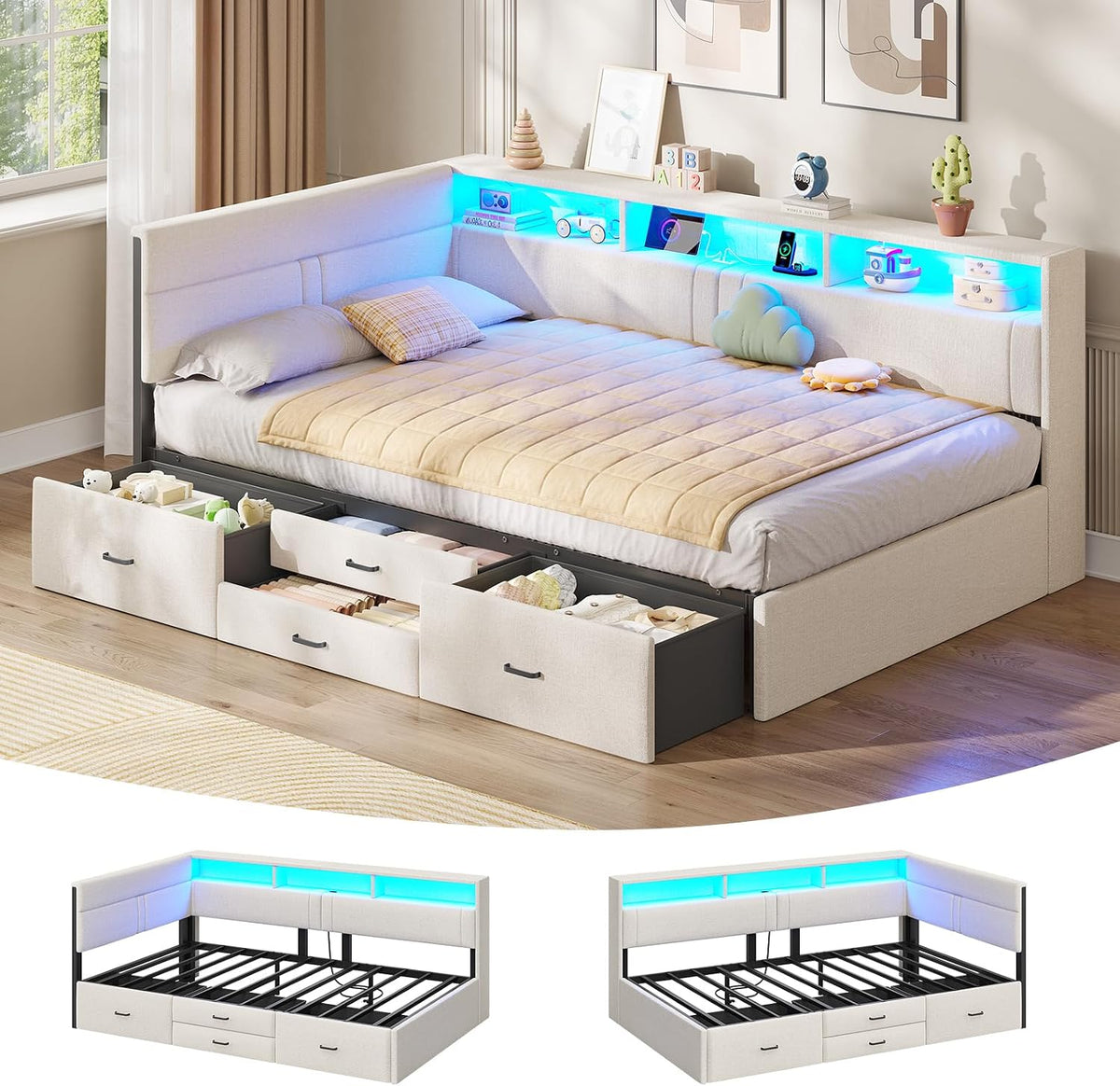 Kinderbett 90x200 Polsterbett Schlafsofa Einzelbett mit LED-Beleuchtung & Ladestation, 90 × 200 mit 4 Schubladen und Lattenrost