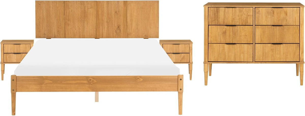 Bettgestell, Schlafzimmer Set 4-teilig Kiefrenholz Hellbraun Bett mit 2 Nachttischen Kommode Lattenrost 160x200 cm Ambazac, Beliani