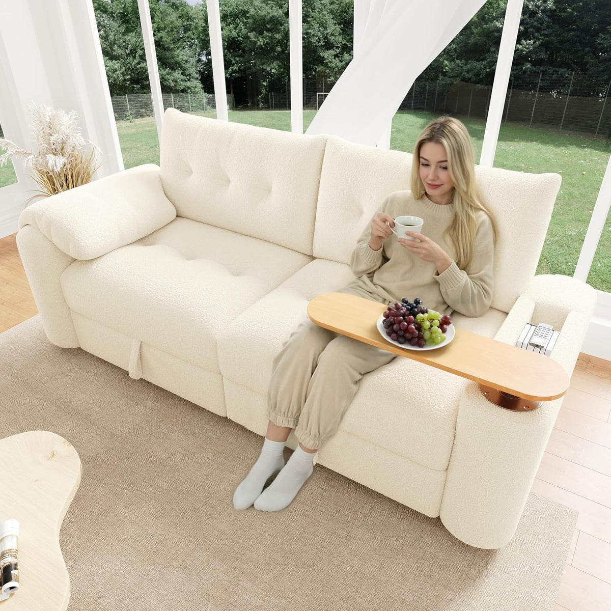 Sofa 3-Sitzer Teddyplüsch, Klein Chaiselongu mit Stauraum, Kopfstütze, Beistelltisch Schlafcouch für Wohnzimmer Beige, BTM