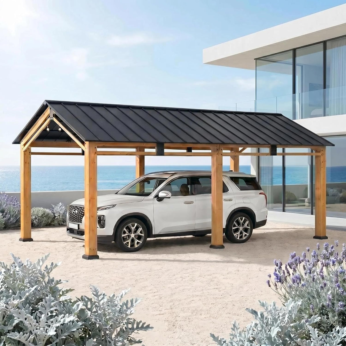 Sunjoy Carports, 6 x 3, 36 m Garten-Carport aus Zedernholz, mit pulverbeschichtetem Stahldach, Autoschutzdach, Outdoor-Schwerlastgarage