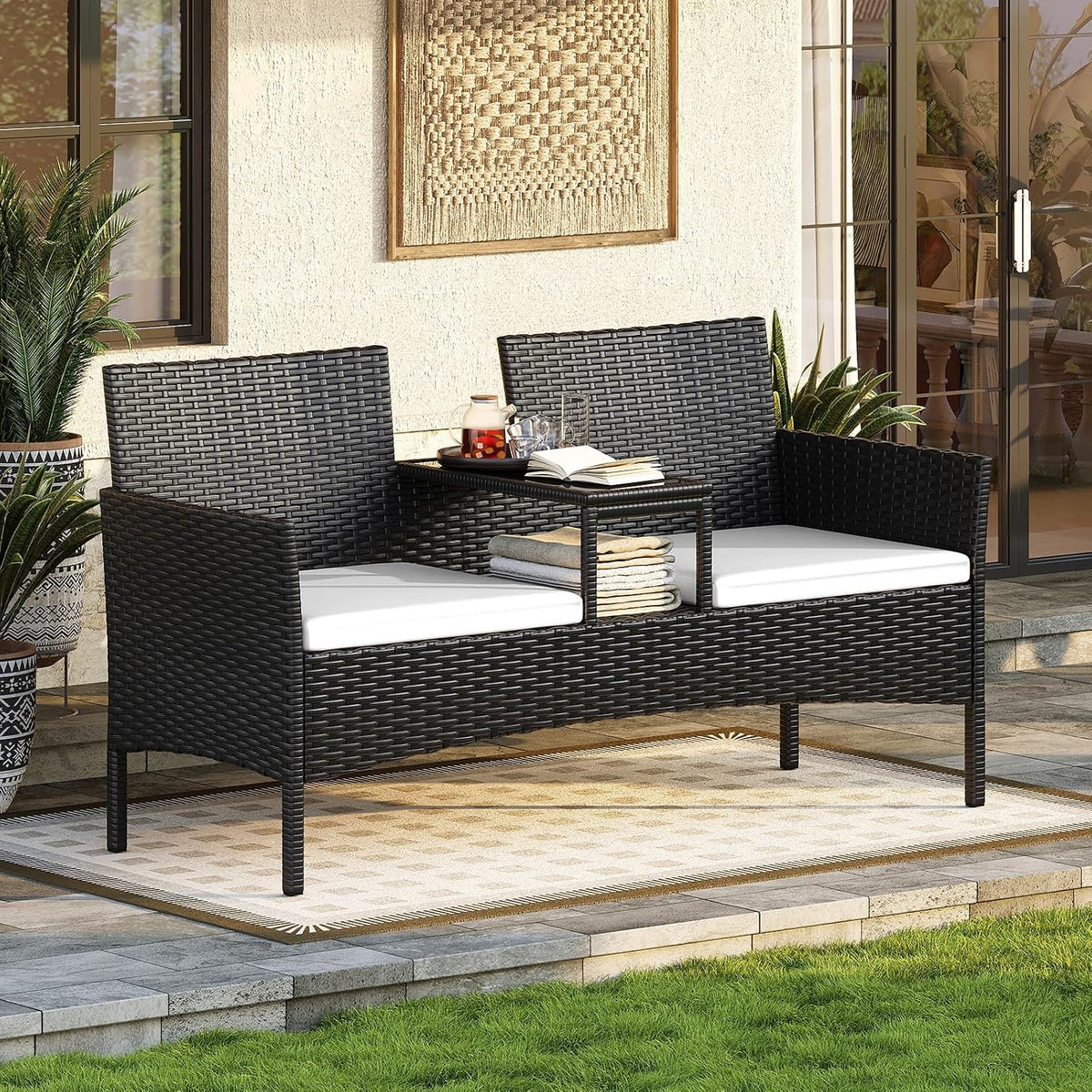 Gartenmöbel-Set, 2-Sitzer-Gartenbank aus Rattan, extrabreite Outdoor-Zweisitzerbank mit seitlichem Ablagetisch