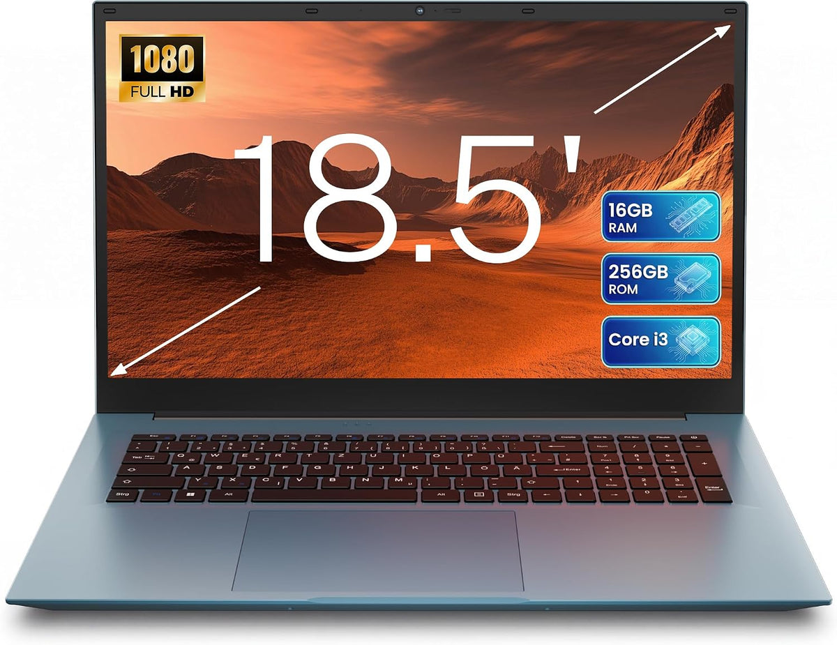 THEYETI Normale Laptops, 18, 5 Zoll Laptop 16GB RAM 256GB ROM Notebook, Core i3 (bis zu 3, 9 GHz), 8000mAh Akku, Win 11, WiFi 6, HDMI（Hellblau）