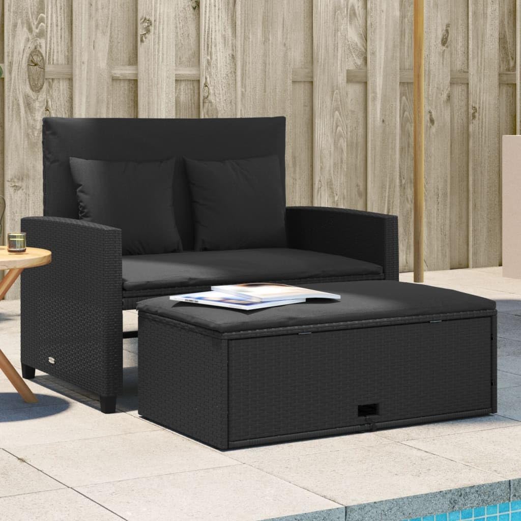 Sofa Garten, mit Kissen 2-Sitzer Outdoor Sofa mit Hocker mit Staufach, Couch mit abnehmbarm Bezug, Gartebmöbel Gartengarnitur Schwarz Poly Rattan