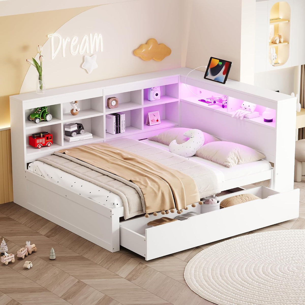 Bett 140×200cm Massivholzsofa Mit extra großen Schubladen Mit USB-Steckdose und LED-Lichtleiste Mit Einlegeböden und Ablagefächern viel Stauraum