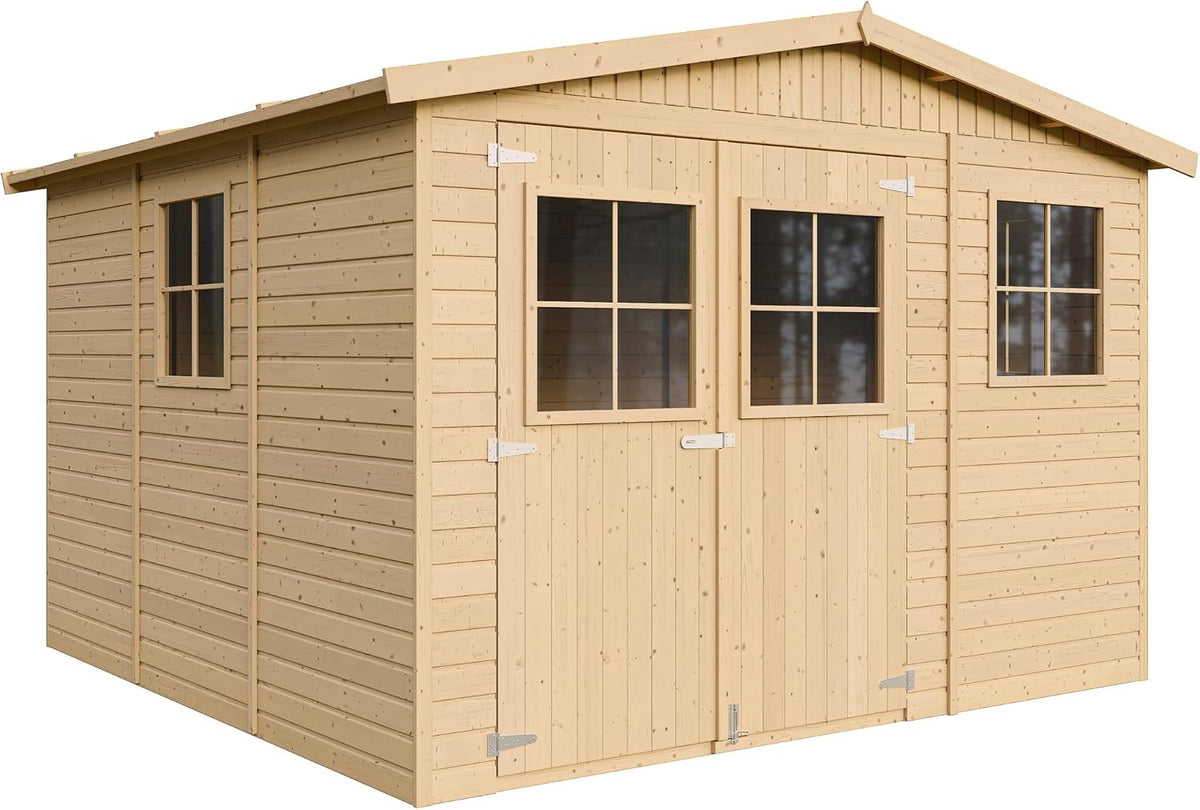 TIMBELA Gartenhaus, Holz - Geräteschuppen mit Fenstern - H226 × 316 × 324 cm/9 m² Naturholz-Shiplap-Schuppen - Gerätehaus - Fahrradschuppen - M335