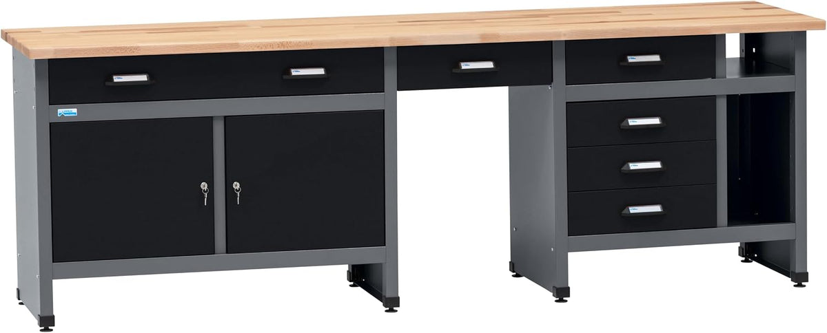 Küpper Werkbänke, Werkstatt Werkbank 12289, 6 Schubladen, 2 Türen, 300 kg Traglast, 30 mm Massive Buchenarbeitsplatte (Schwarz, 240x84x60 cm)