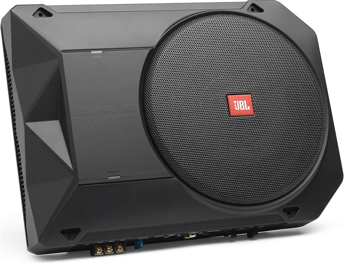 JBL SL2 BassPro Aktiv Subwoofer, Auto Set - Car hifi Untersitz Bassbox Gehäuse mit Bassreflex Woofer box groß 200mm und 125 Watt aktiver Verstärker