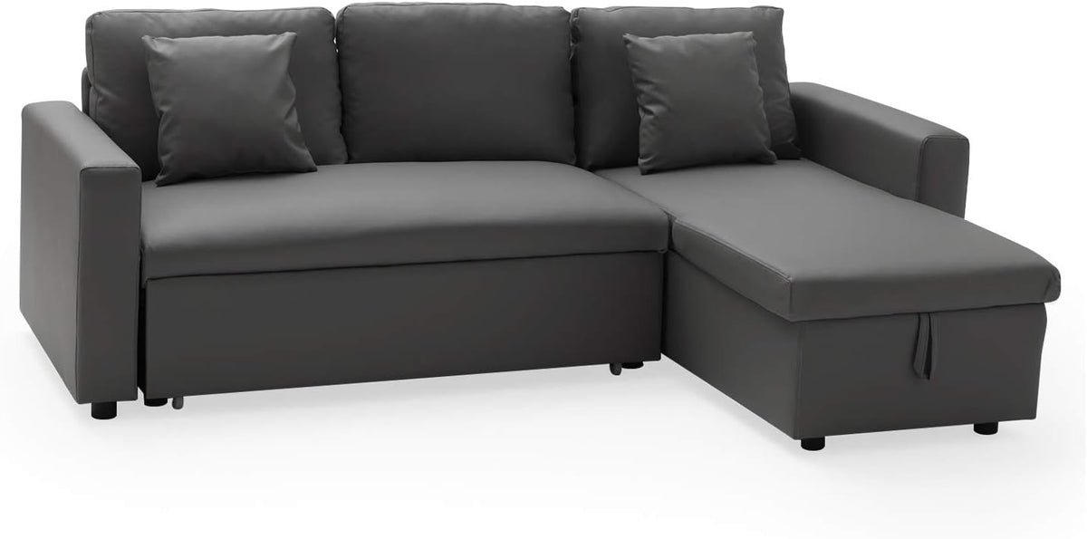 Sofa umwandelbares Eck, Clark 3-Sitzer in grauem Kunstleder. Sofa mit umkehrbarer Meridian und Aufbewahrungskasten., Happy Garden