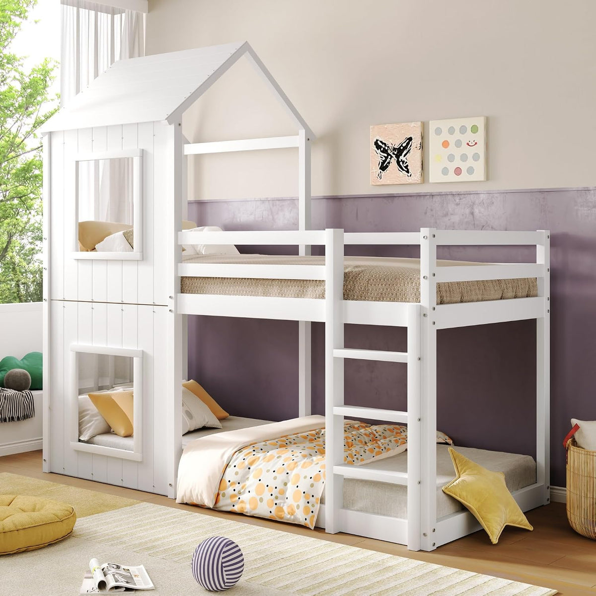 Kinderbett, 90 × 200 cm, Etagenbett für 2 Kinder, Hochbett mit Rausfallschutz, Baumhaus Stockbett für Jungen und Mädchen