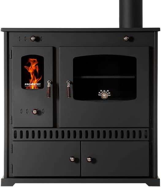 Prometey EEK A+ Kaminofen, mit Backfach und Herdplatte Perfect Eco Schwarz Holzofen 7 kW Kamin Ofen Holz Werkstattofen Hüttenofen Heizofen Gartenofen