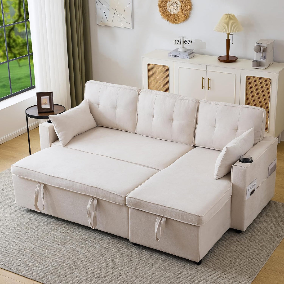 Sofa, Ecksofa mit Schlaffunktion, Praktisches Schlafsofa mit Bettkasten, Schlafcouch mit Stauraum, Getränkehalter und Seitentaschen