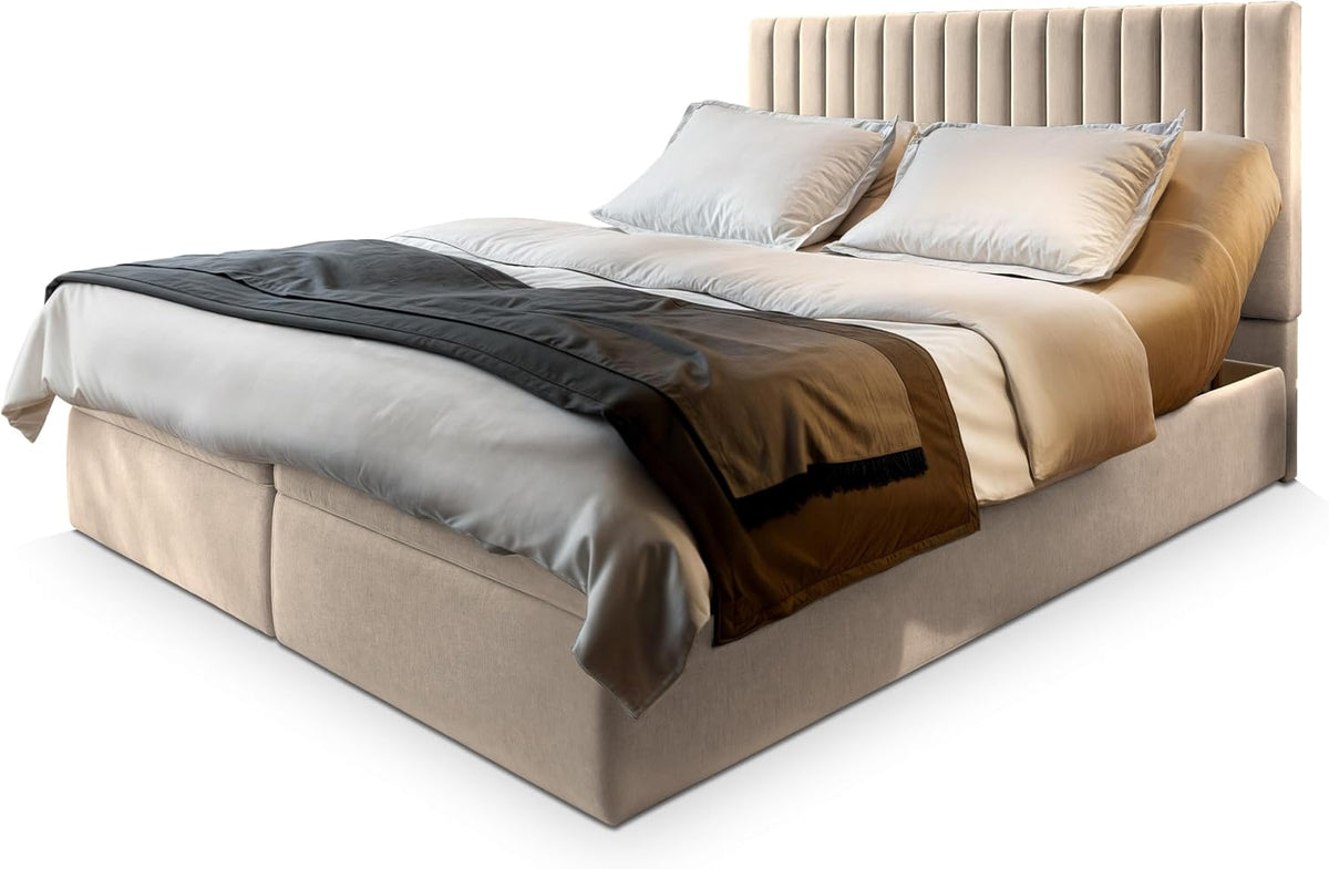 Boxspringbett, MURLO 160 × 200 cm Komplett-Set mit Matratze und Topper, Polsterbett mit Zwei Bettkästen -Beige, Paros 02, Masseno