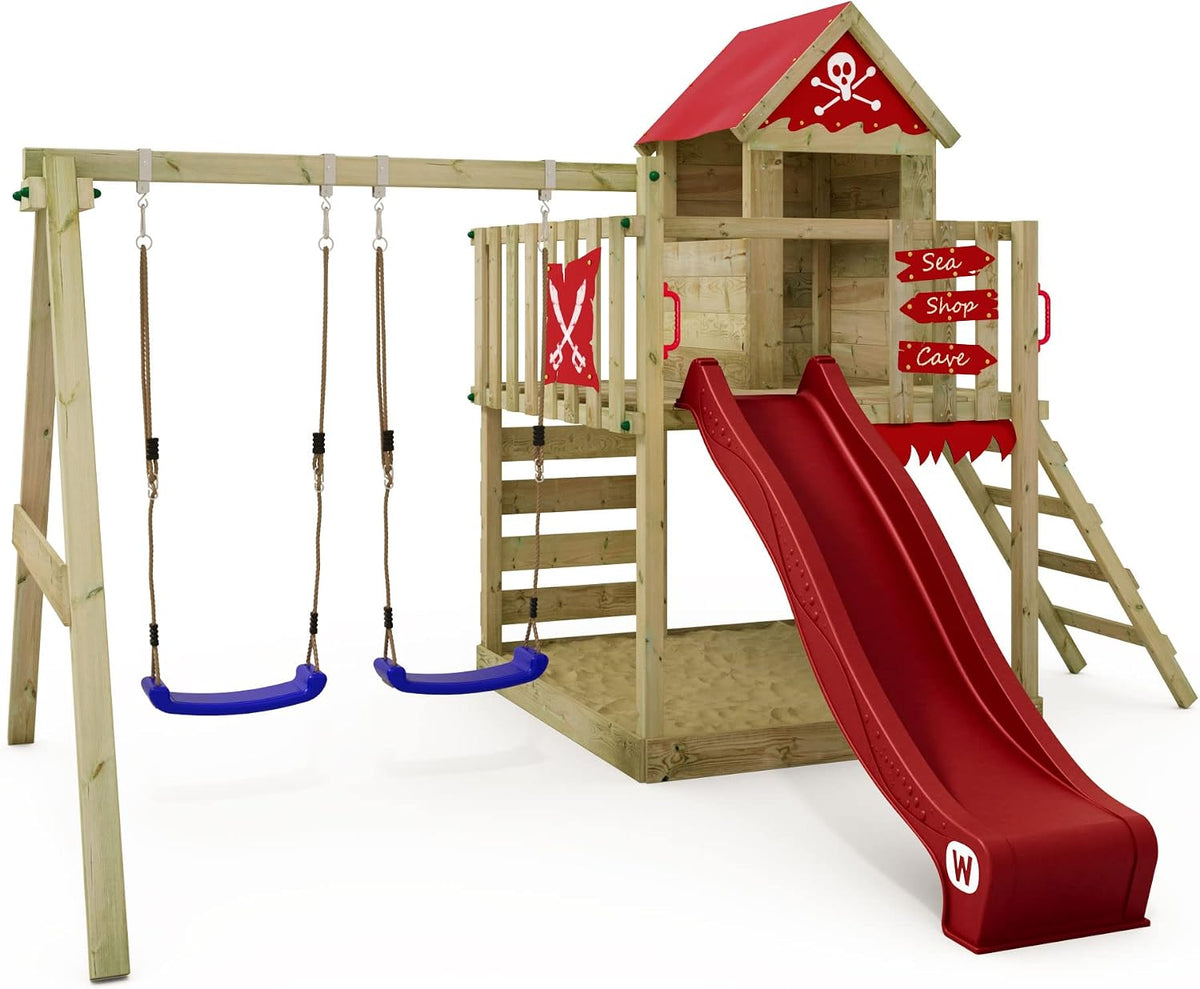 Wickey Klettergeräte & Schaukeln, Spielturm Klettergerüst Smart Cave mit Schaukel & roter Rutsche, Outdoor Kinder Kletterturm mit Sandkasten