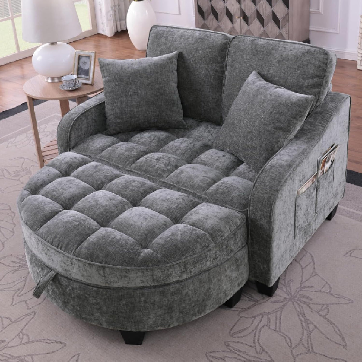 Sofa, mit Schlaffunktion, Sofa Klein, Chaiselongue, 2-in-1 Schlafsofa, Aufbewahrungs-Hocker & 4 Kisse, für Kleine Wohnzimmer, Studienzimmer