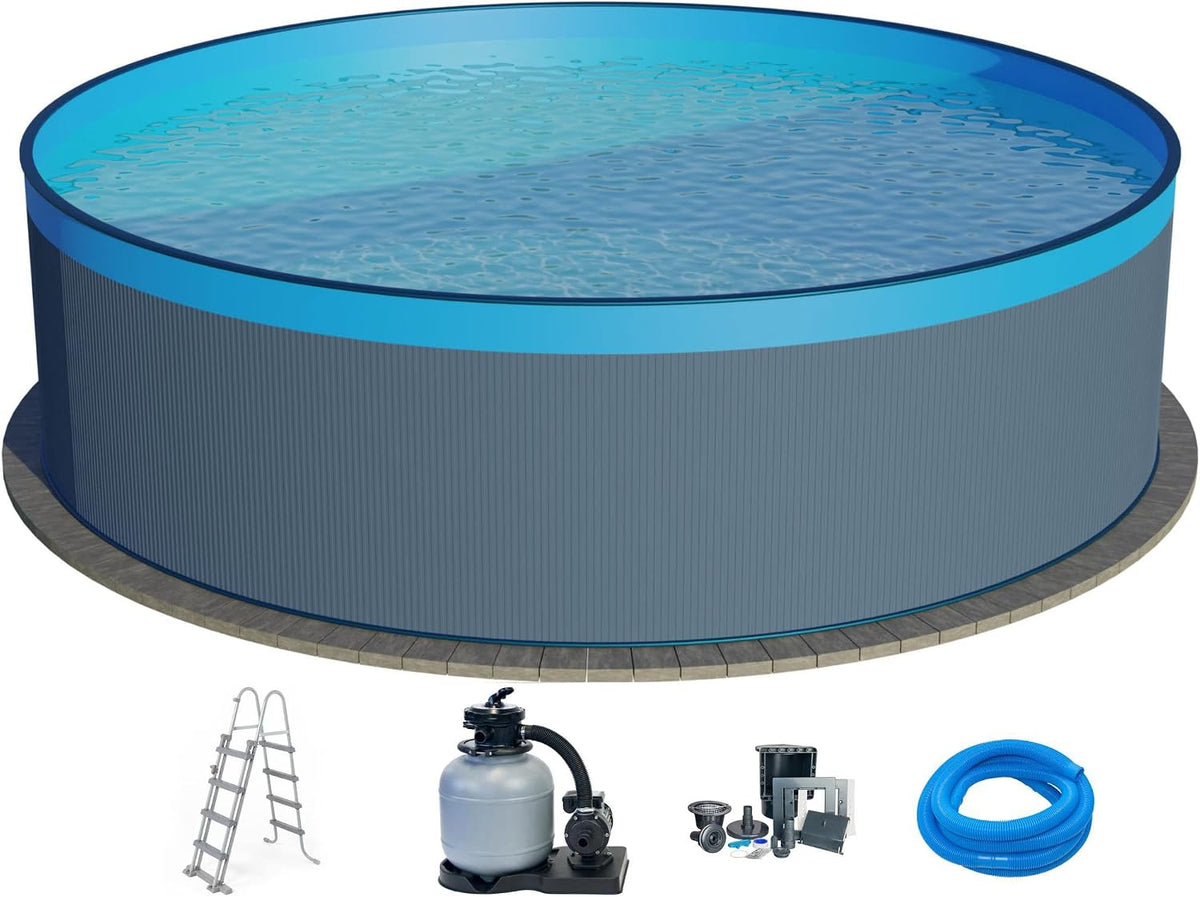 Planet Pool Stahlrahmenpool, Stahlwandpool Set (5-teilig) rund 450x120 cm, Stahl 0, 4 mm anthrazit, Folie 0, 3 mm blau, Overlap