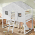 Kinderbett 90x200cm Hochbett, Etagenbett mit Sicherheitsleiter, Rausfallschutz & Lattenrost, Hausbett mit Dach & Fenster