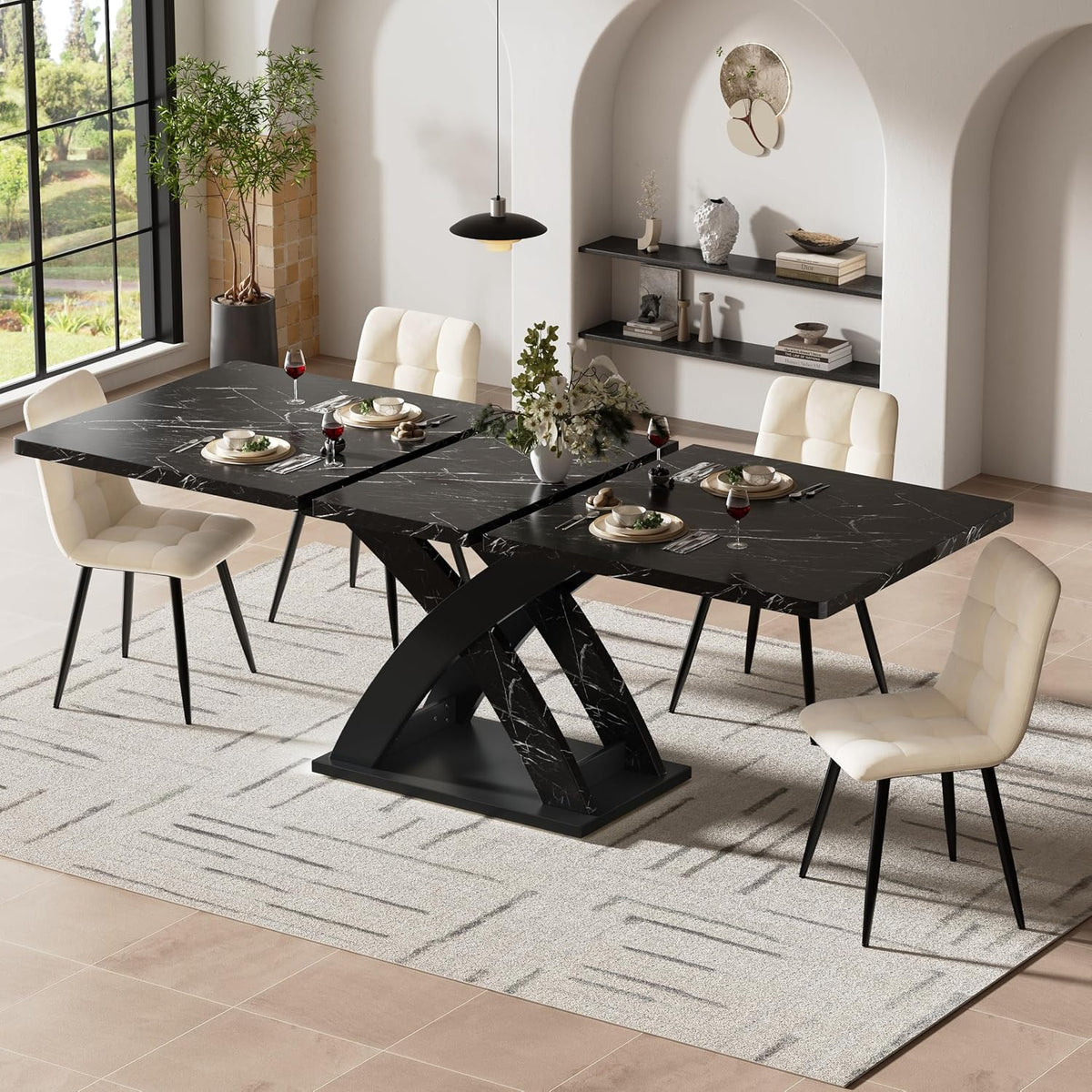 Esstisch, Ausziehbar mit X-Förmige Tischbeine für 4-6 Personen, Esszimmertische Küchentisch mit Unverwechselbare Muster, 120-160 × 80 × 75 cm, Schwarz
