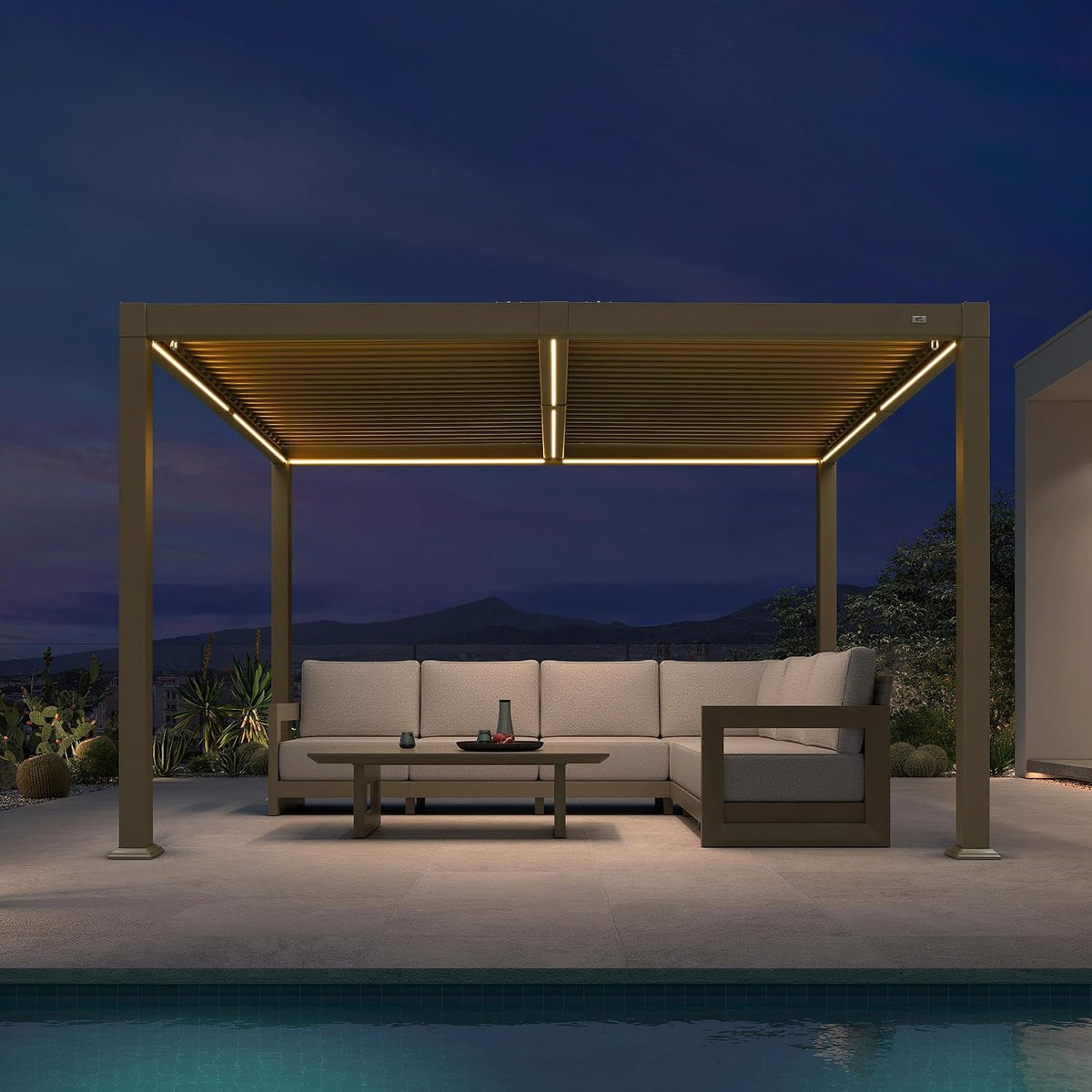 Pavillon, Pergola 3 × 3, 65 m LED Lamellendach mit Entwässerung Champagner, PURPLE LEAF