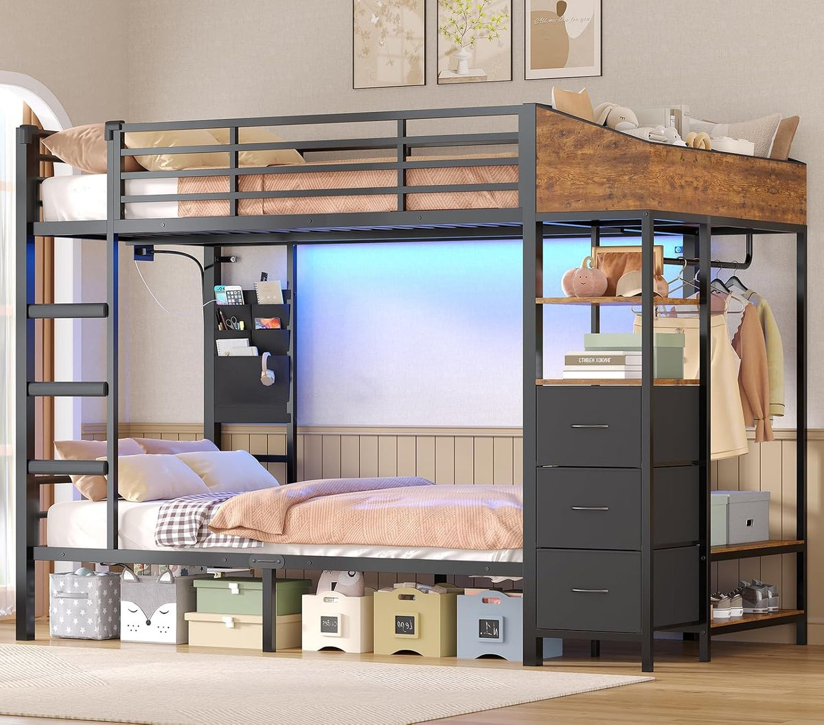Bettgestell, Hochbett 90x200 Jugendbett mit Treppe und Rausfallschutz, AOGLLATI