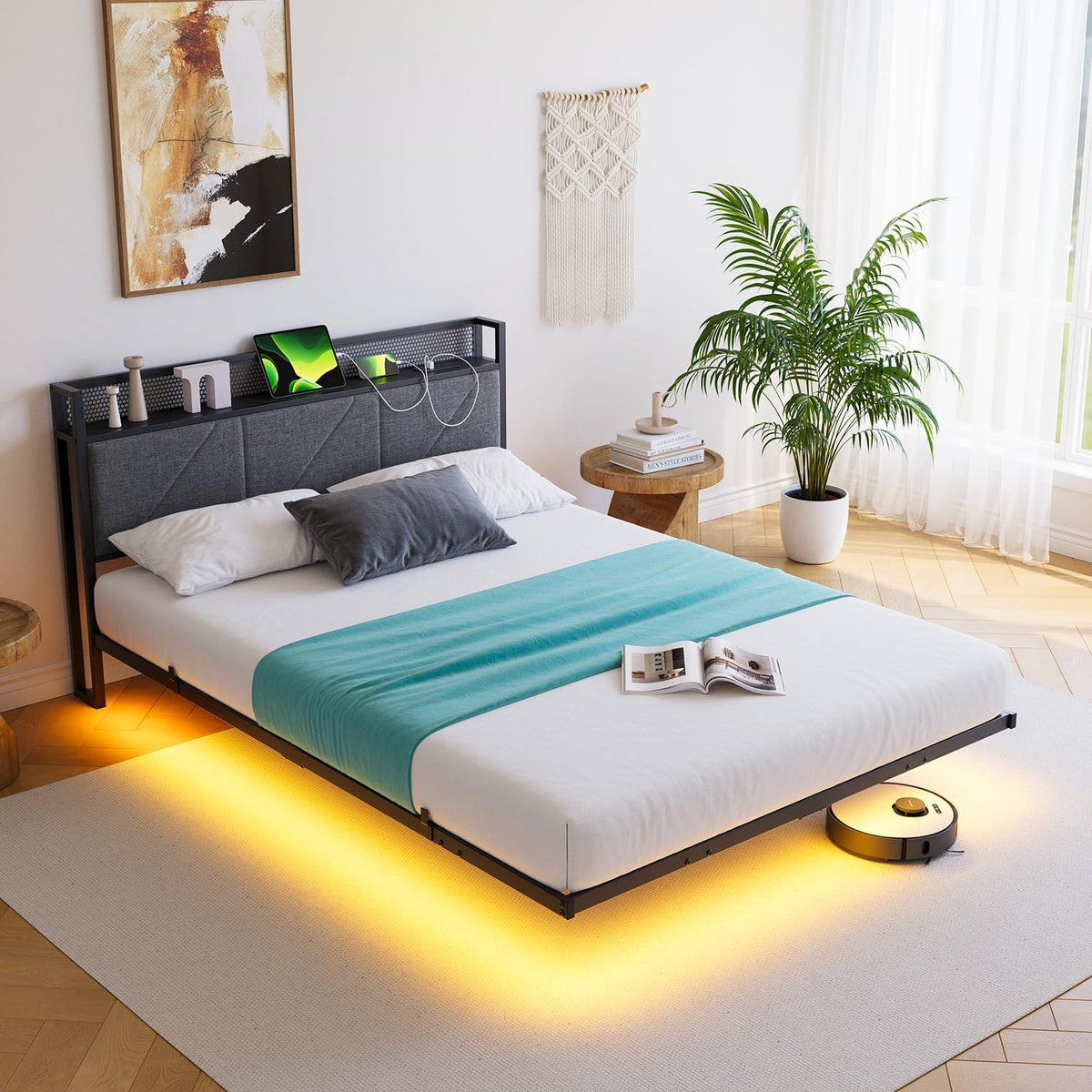 Bettgestell, 120 × 200 Metall Schwebebett LED Stauraum Dunkelgrau, HAHRIR