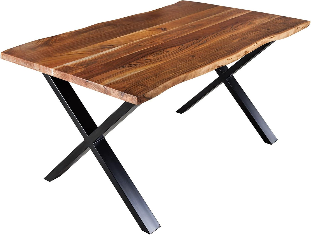 Esstisch Massivholz, Mammut 160cm Akazie Baumkante X-Gestell Industrial Design 2, 6 cm Platte, Riess Ambiente