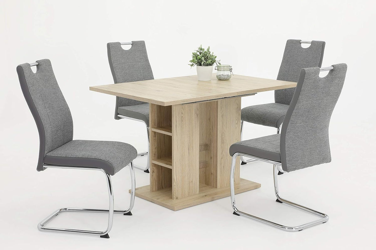 Hela Tische 5-TLG Essgruppen, Alina, Säulentisch Sanremo Eiche 120-180 × 80cm und 4X Schwingstuhl Grau, Metallgestell Chrom