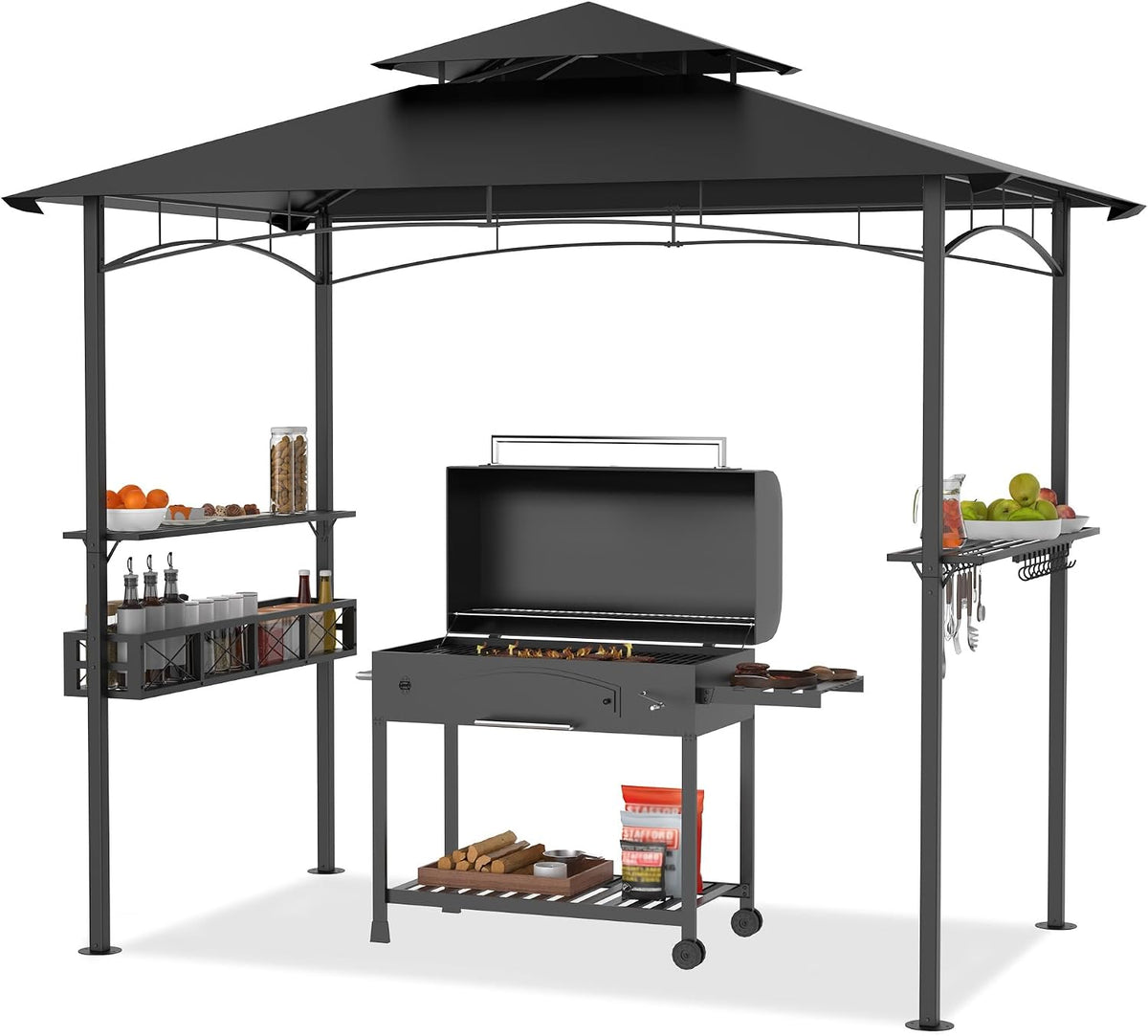 Pavillon BBQ Grill, 245 × 153cm Wetterfeste Grillüberdachung Freistehend Gartenlauben mit Sonnenschutz Doppeldach, Regale & Ablagekörben, PEILU