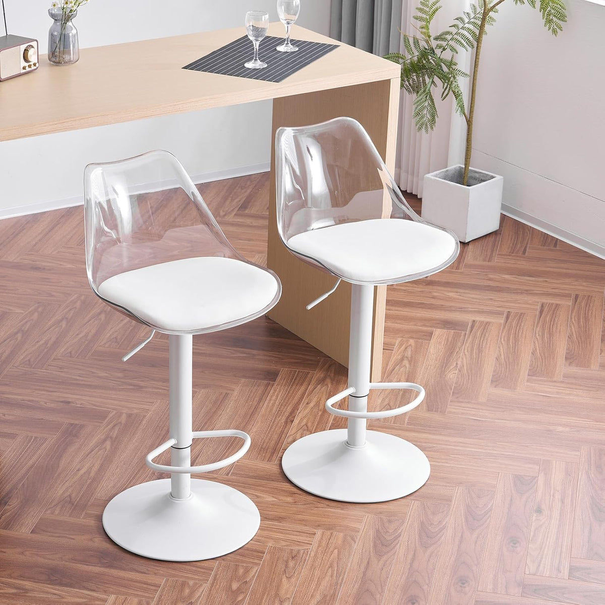 Fiximaster Barhocker, Transparent 2er Set, Höhenverstellbare Tresenhocker mit Rückenlehne & Fußstütze, Drehbare Barstühle 360° gepolstert