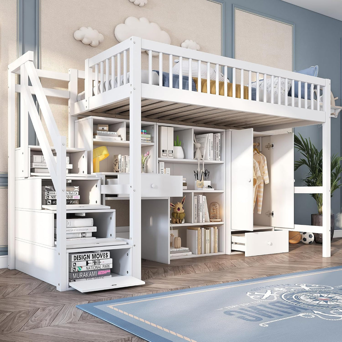 Kinderbett, Etagenbett 90 × 200, Hochbett mit Kleiderschrank&Schließfächern&Schubladen&Schreibtisch&Treppe