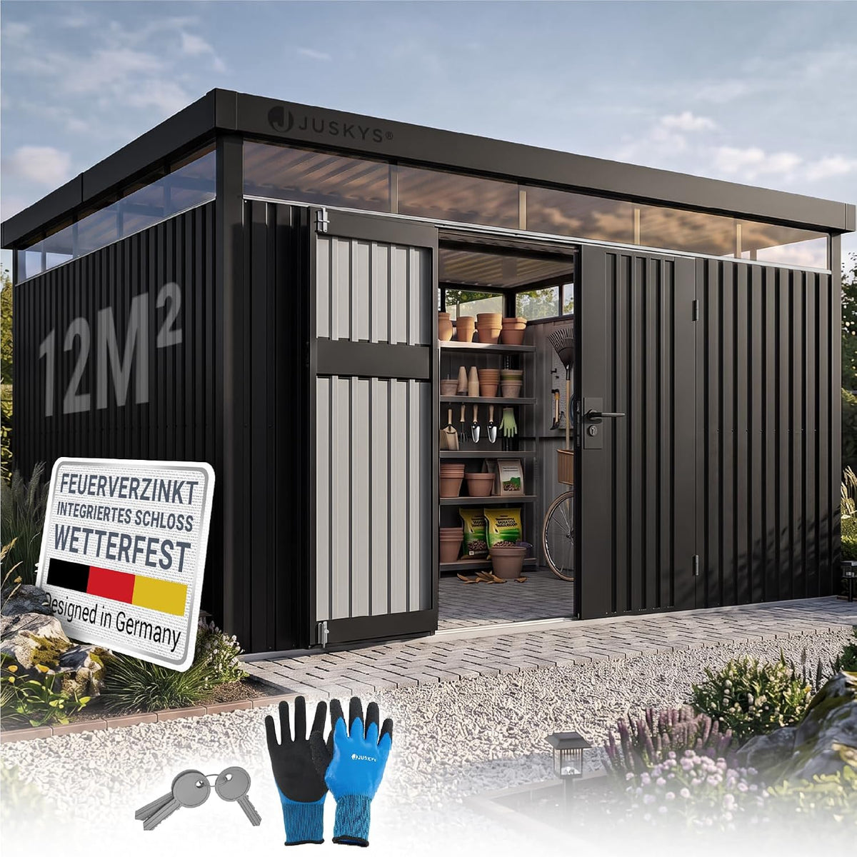 Juskys XL 12 ® Gerätehaus Luzern - m² - Metall Geräteschuppen mit Türen & Fenstern - wetterfest & abschließbar - Fahrradgarage Gartenhaus, Anthrazit