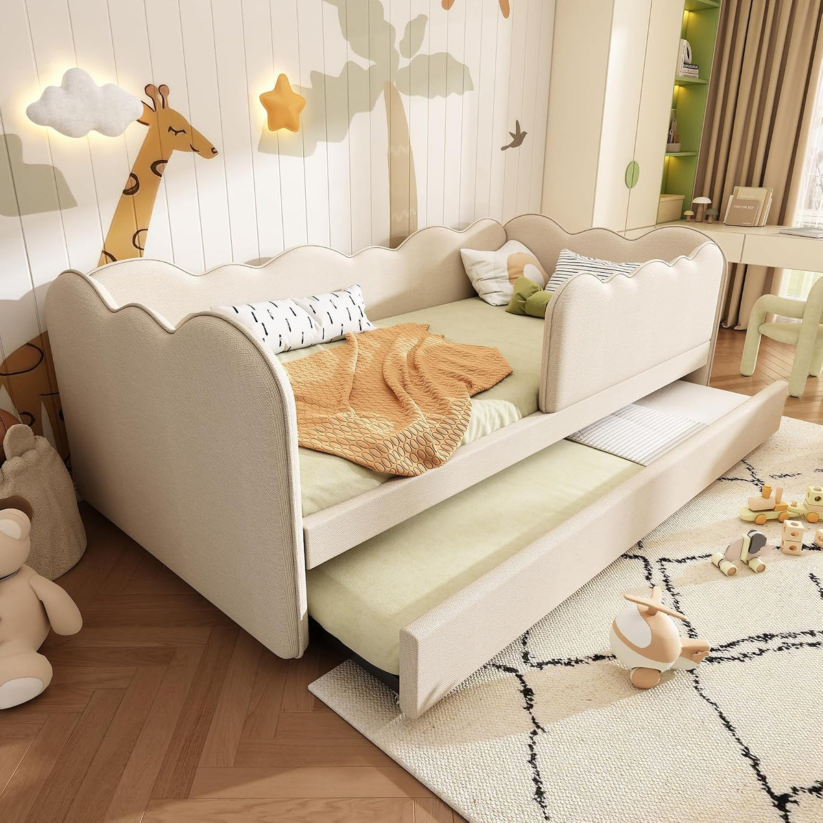 Bett Polster, Daybett 90 × 190cm, Tagesbett Schlafsofa mit Ausziehbett 90 × 190cm, Gästebett mit Lattenrost, Leinen, Beige, ohne Matratze, ZIDEY