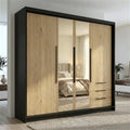 Kleiderschrank VIVO, 4-türig mit Spiegel und Schubladen, 200 × 215 cm, Drehtürenschrank mit Kleiderstange und Einlegeböden, A&J MöbelLand