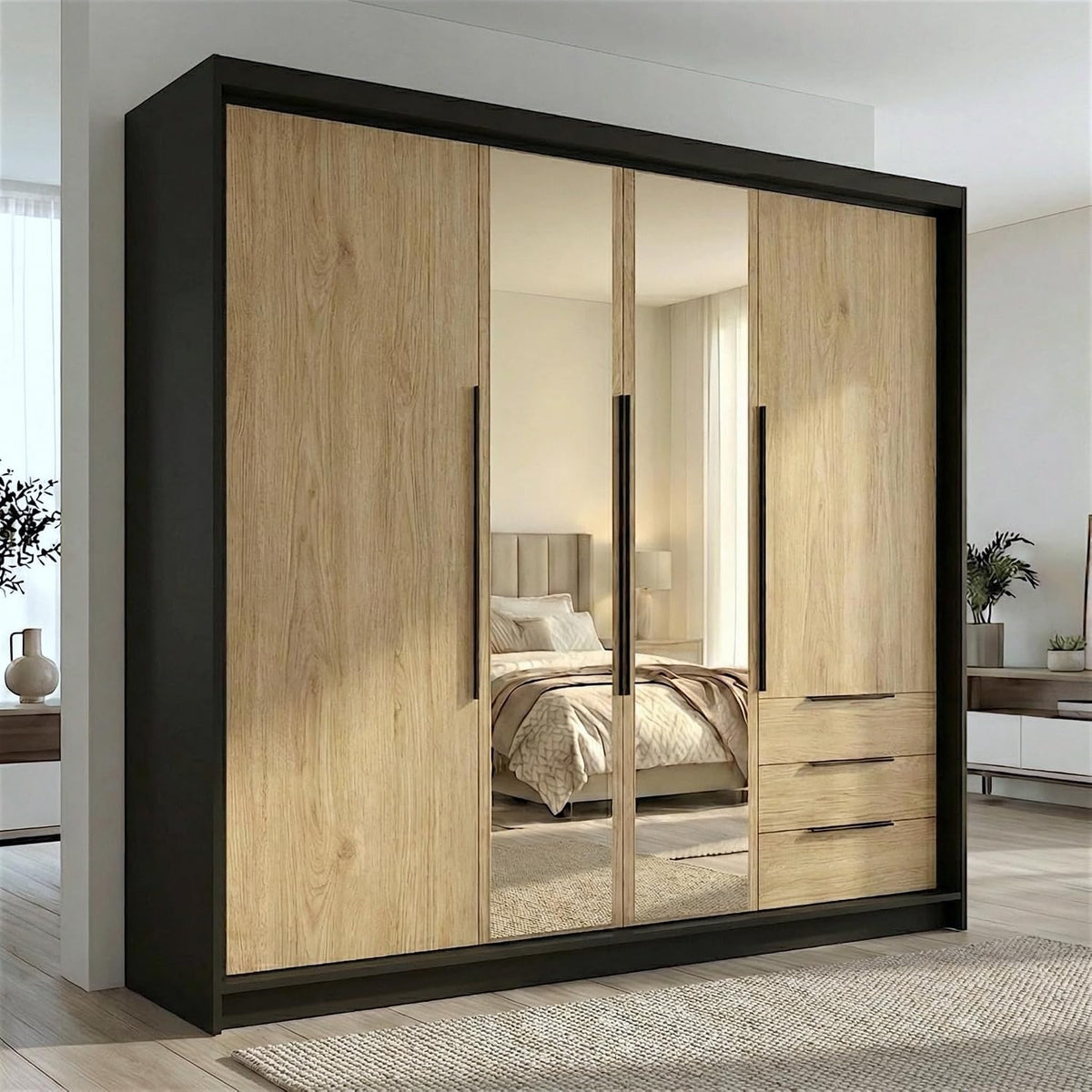 Kleiderschrank VIVO, 4-türig mit Spiegel und Schubladen, 200 × 215 cm, Drehtürenschrank mit Kleiderstange und Einlegeböden, A&J MöbelLand