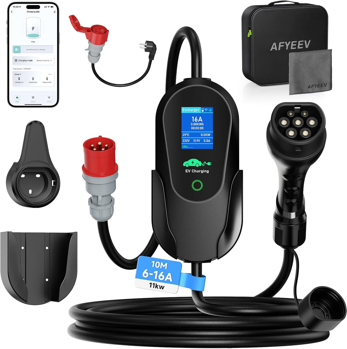 AFYEEV Ladestationenzubehör, Mobile Wallbox 11kW mit APP 10M, Typ 2 Ladekabel CEE 16A 3-phasig