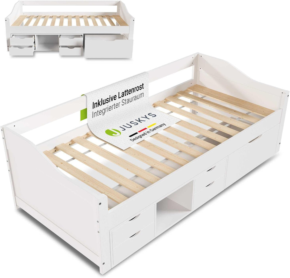 Kinderbett 90x200 Funktionsbett Nalu cm - Holz Bett mit Lattenrost & Schubladen - Stauraumbett für Kinder - Jugendbett, Gästebett - Weiß, Juskys