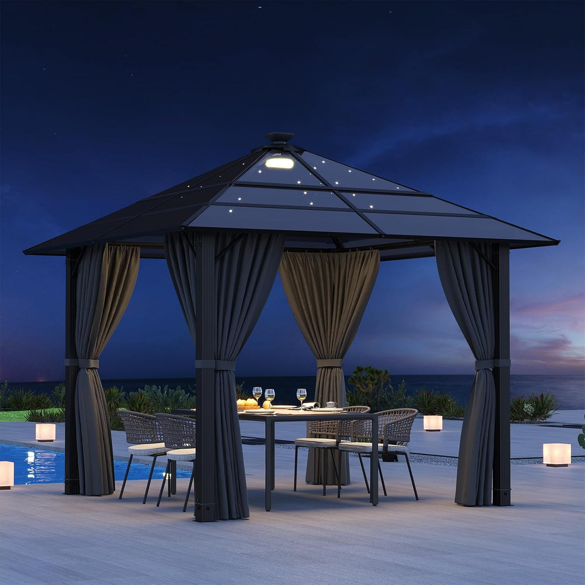 Pavillon, 3 × 3 Wasserdicht Stabil Winterfest, lichtdurchlässigem Dach, Protection UV 50+, Pergola Geeignet für Gärten im Freien, Grau mit LED, Devoko