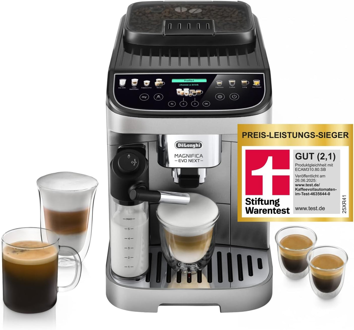 De'Longhi De' Magnifica Evo Next - Perfetto Kaffeevollautomat, mit LatteCrema-Milchaufschäumer, 13 One-Touch-Getränke
