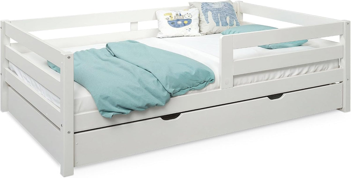 Kinderbett ®, Sona mit Bettkasten aus massivem Kiefernholz Weiß 90 × 200 cm, Ehrenkind