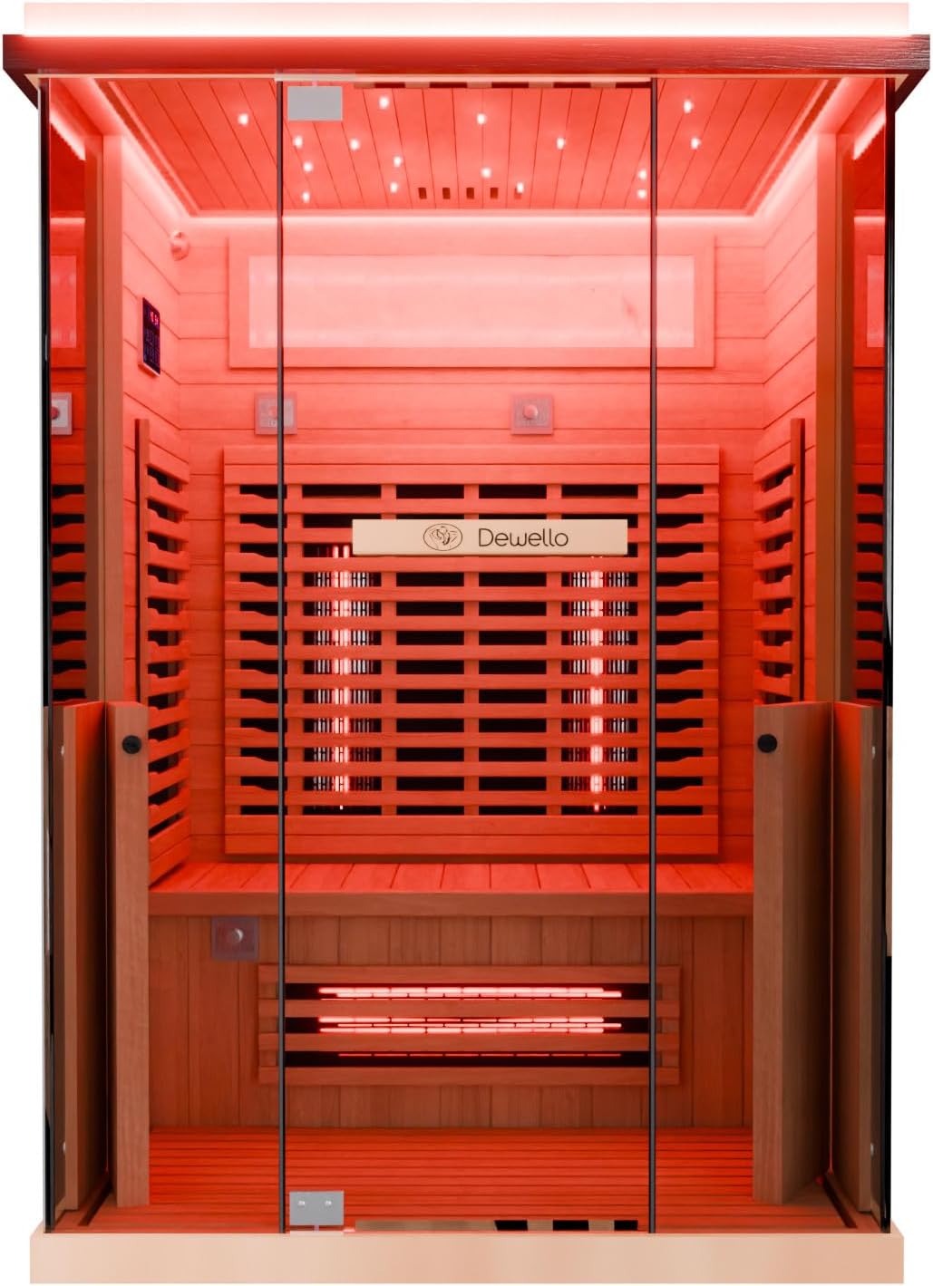 Dewello Saunen, ® Infrarotkabine Infrarotsauna KENORA 130x105 für 1-2 Personen aus Hemlockholz, Vollspektrumstrahler, Bodenstrahler, LED-Farblicht