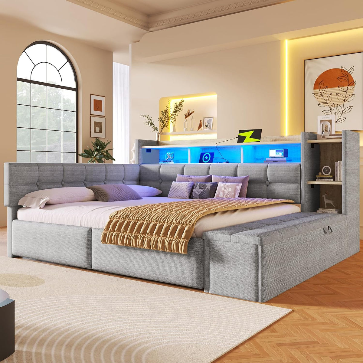 Bettgestell, Tagesbett, Daybett, Schlafsofa, 140×190cm, mit Zwei Schubladen, USB- und Typ-C-Anschlüssen, Ablagefach, Stauraumbank am Fußende