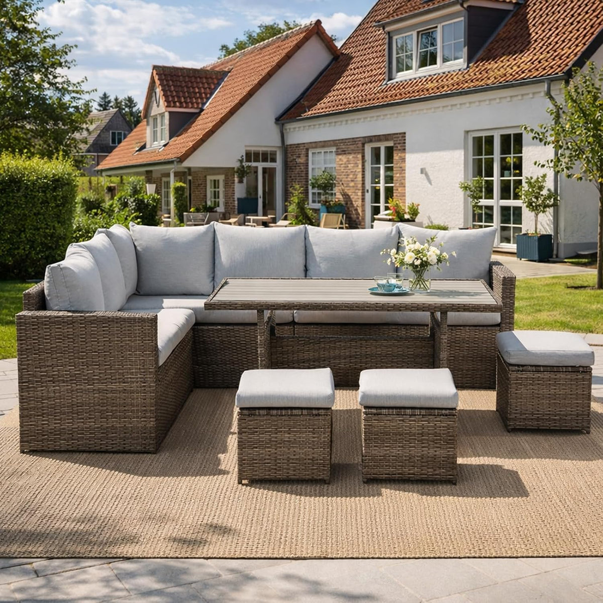Gartenmöbel-Set, Polyrattan Gartenlounge Set 7-teilig für 8-10 Personen, Grau, LANOX