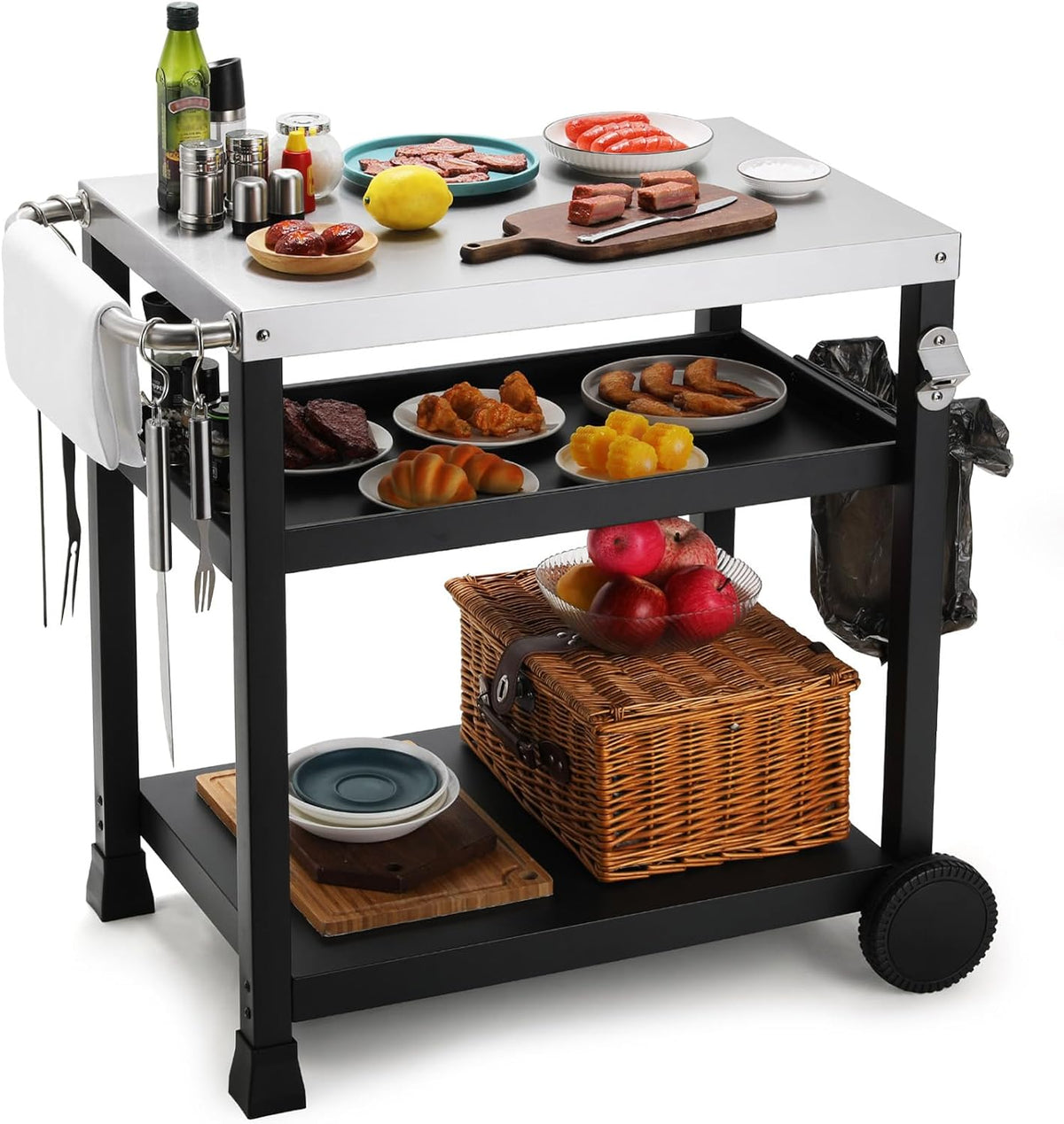 LIFERUN Grillwagen,   Edelstahl Grillwagen 3 Etagen, Grilltisch Outdoor, Grill