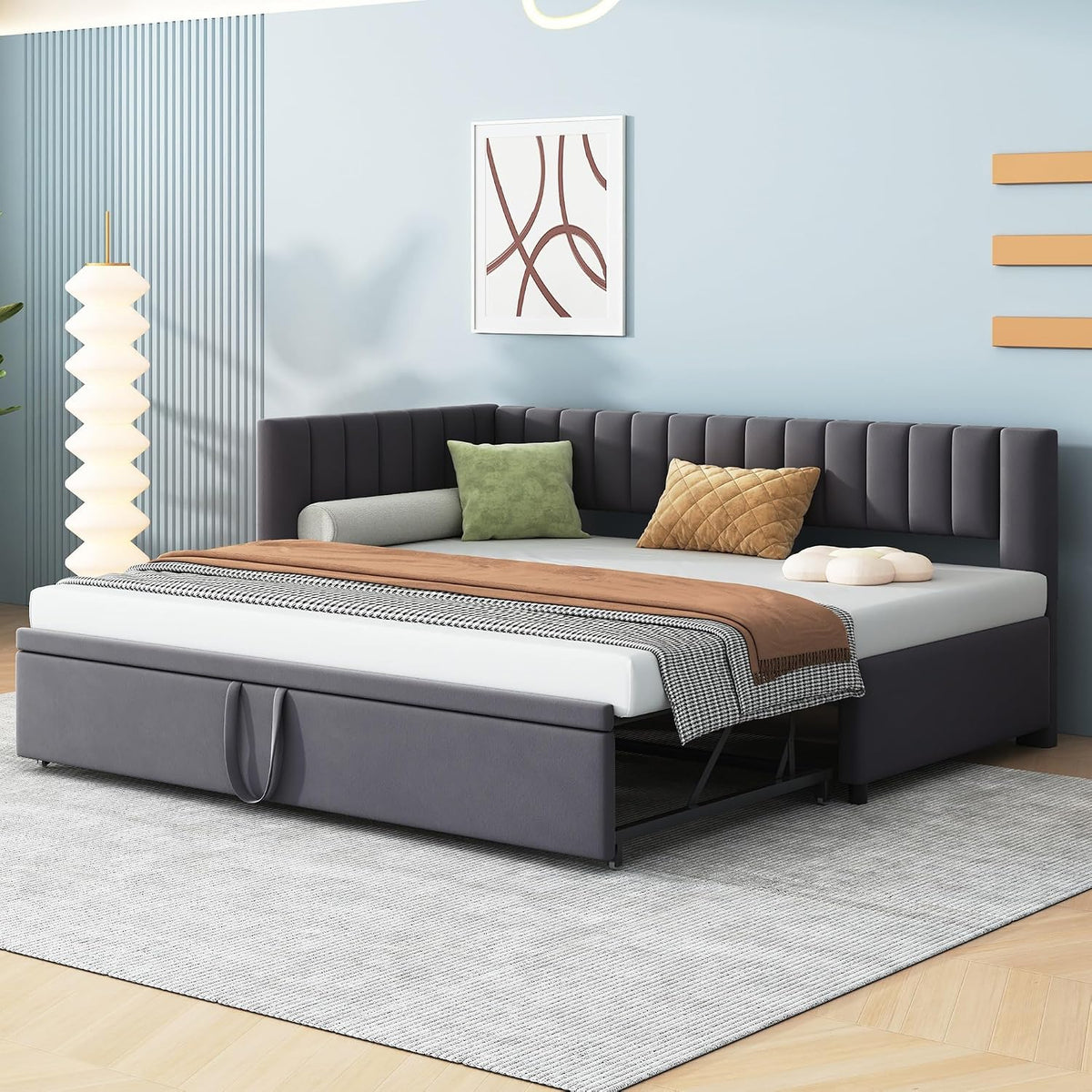 Kinderbett 90 180 200cm Polsterbett Ausziehbares Schlafsofa * mit Lattenrosten Multifunktionsbett aus hautfreundlichem Samtstoff Dunkelgrau，Design für