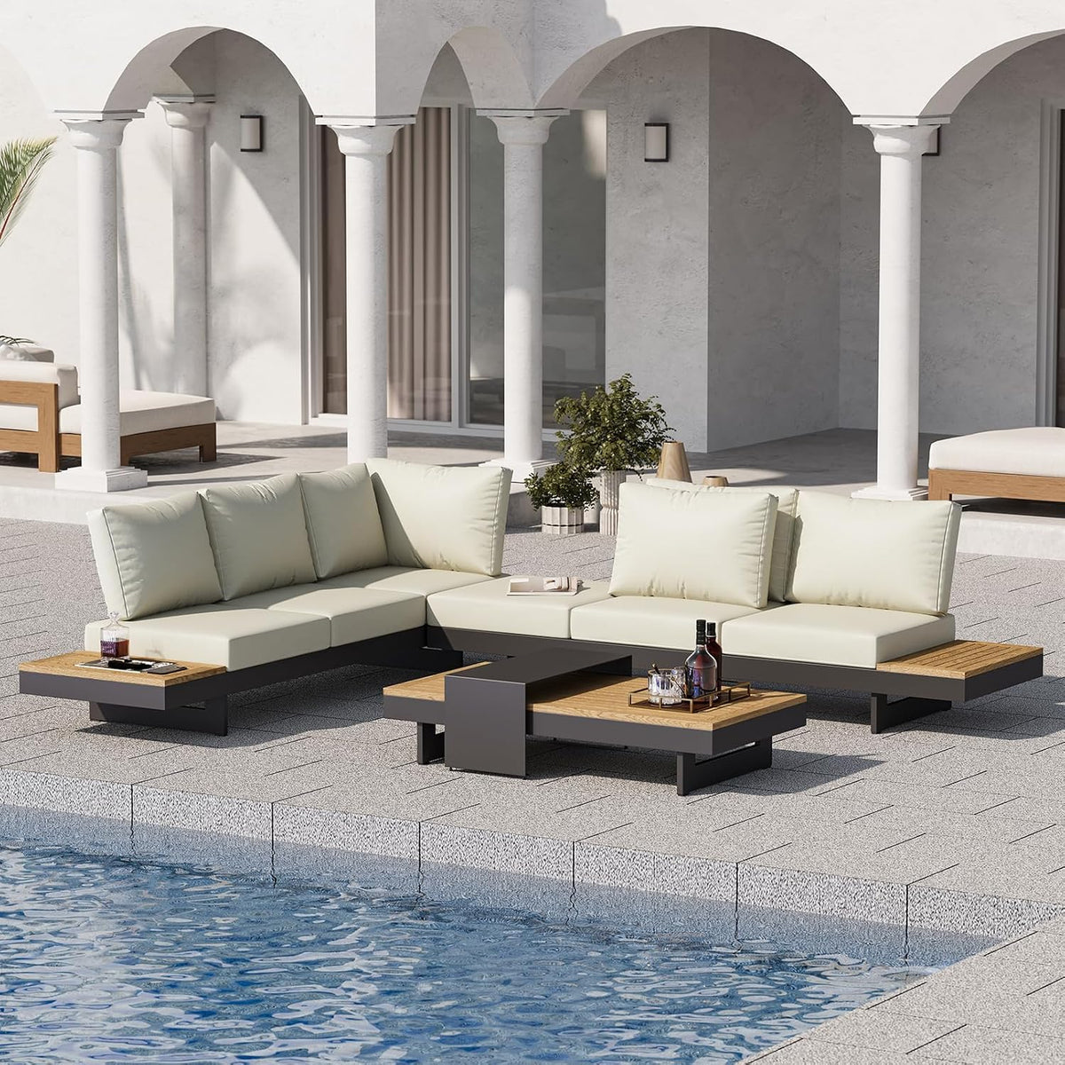 Sofa, 6-Sitzer Garten Lounge Set mit Aluminiumrahmen und Teak, Homary