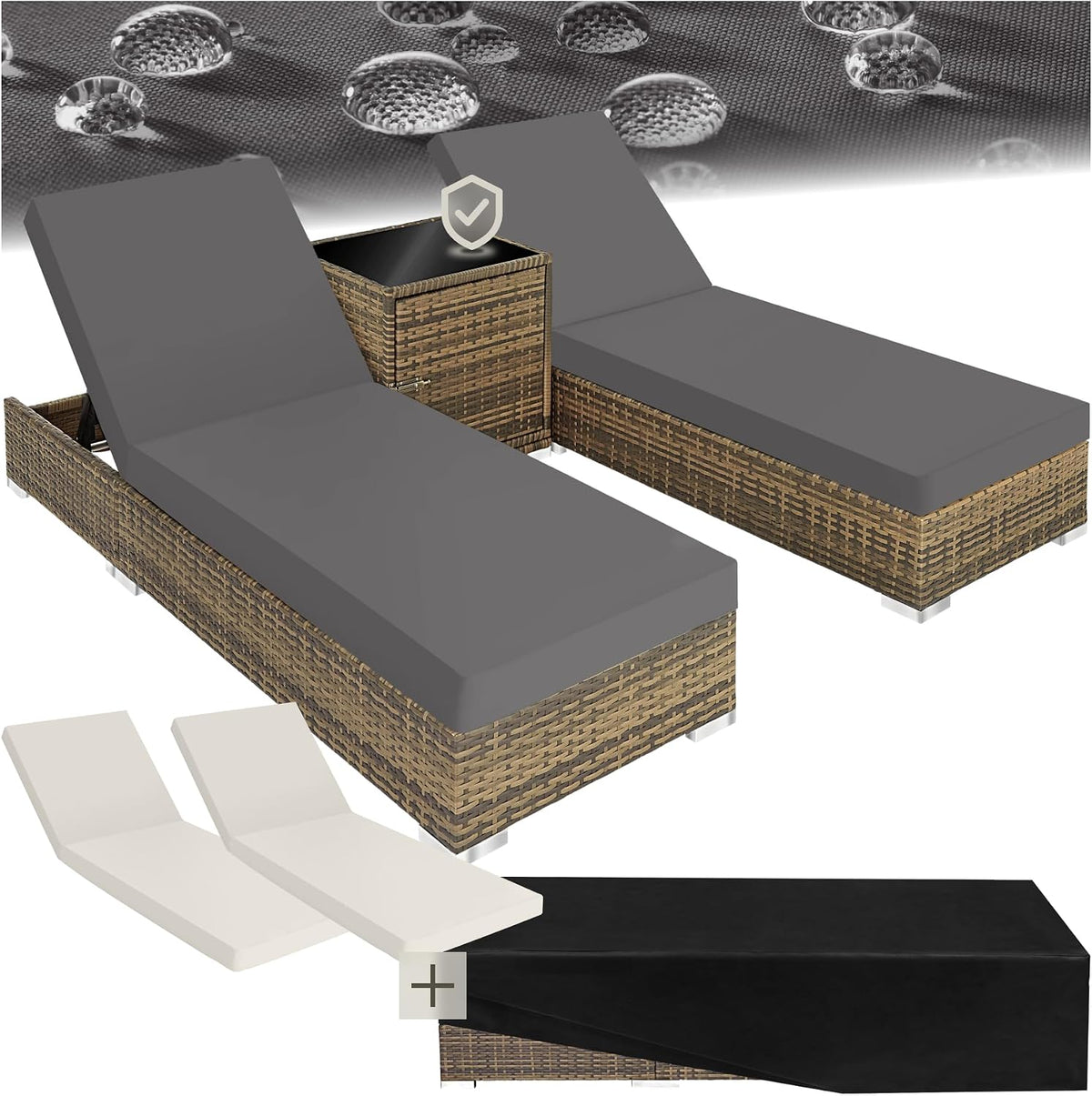 Liege 2er ® Garten Lounge Sonnen, n Set mit Tisch, Aluminium Gartenliege, Gartenlounge Outdoor, Relaxliege inkl. 2 Bezugsets und Schutzhülle